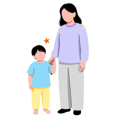 Mother holding hand of young boy in colorful casual outfits  