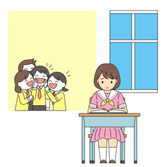 Young girl studying at a desk while classmates laugh in classroom  