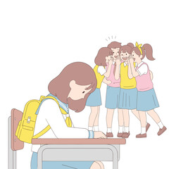 Girl studying at desk while classmates gossiping behind her  