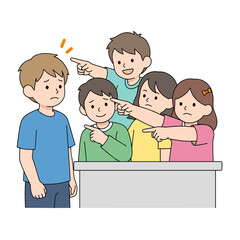 Group of children pointing at a sad boy in classroom setting