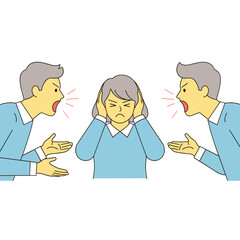Woman covering ears while two men argue in colorful illustration  