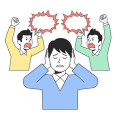 Man covering ears while two others express anger around him  