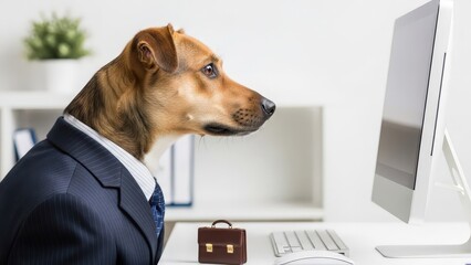 Dog in Suit Working on Computer.