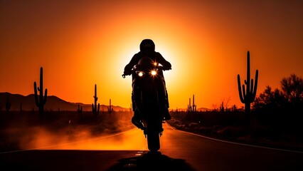 Motorcyclist riding through desert sunset