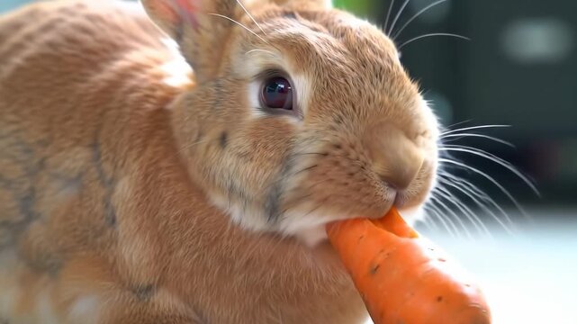 Close-up of a cute fluffy brown rabbit enjoying a fresh orange carrot outdoors on a sunny day.