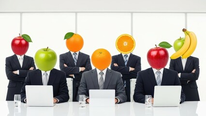 Businessmen with Fruit Heads Working.