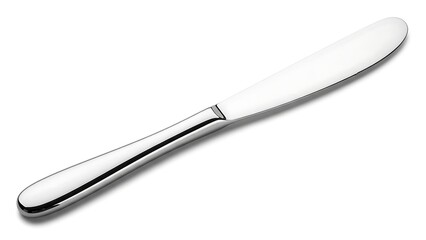 Fototapeta premium A modern polished stainless steel butter knife sits isolated on a clean white background