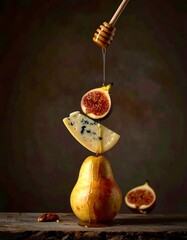 Turm aus Birne, K&auml;se, Feige, mit Honig betr&auml;ufelt.Stillleben.