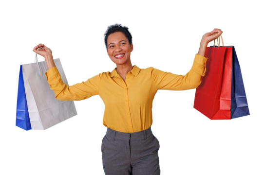 Happy woman holding shopping bags enjoying retail therapy, consumerism, and sales on transparent background - Powered by Adobe