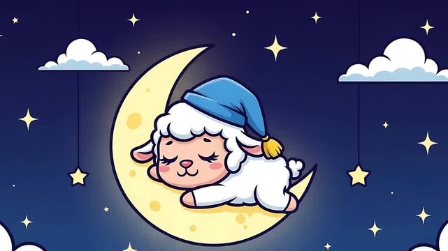 cute sleeping sheep on crescent moon under starry night sky illustration