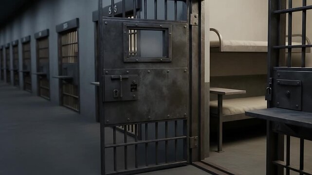 dim prison corridor with open cell door and metal bars