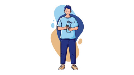 Casual young man holding water bottle in a modern flat illustration style for lifestyle themes