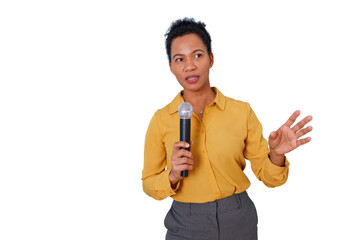Black woman public speaker presenting, holding microphone and gesturing, on transparent background, communicating message
