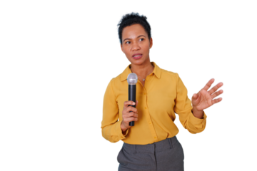 Black woman public speaker presenting, holding microphone and gesturing, on transparent background, communicating message