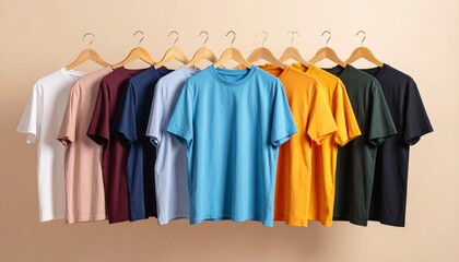 Obraz premium Row of colorful t-shirts on wooden hangers arranged in gradient from dark to light and back on beige background.