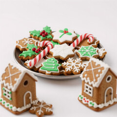 Festive Christmas-themed greeting card mockup featuring gingerbread cookies and decorations on a white background