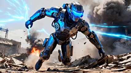 Futuristic robot in battle zone