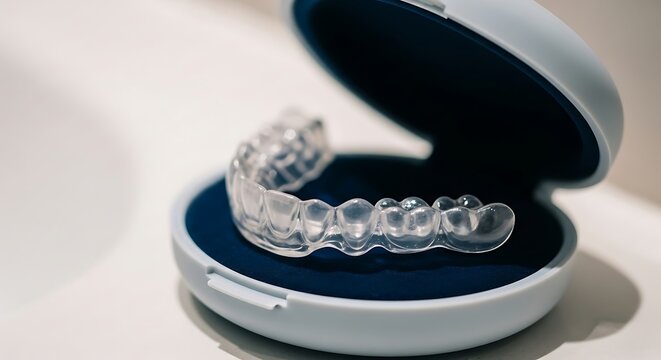 Clear aligner in case for teeth straightening treatment.