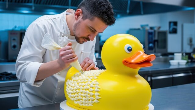 Pastry Chef Decorating Yellow Rubber Duck Cake. - Powered by Adobe