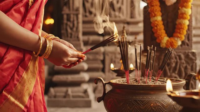 Captured in a warm close-up, hands wearing bangles place burning incense sticks, creating a spiritual reddish glow inside an ancient hindu temple.