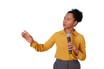 Black woman speaker holding microphone, gesturing while giving a presentation, communicating speech