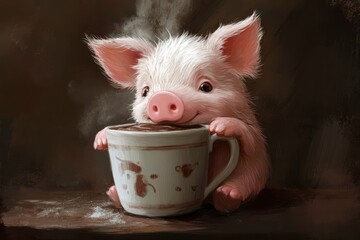 Piglet enjoying hot chocolate, winter farm animal art