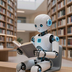 Cute, humanoid robot reads book in library, showcasing growth and progress in AI technologies