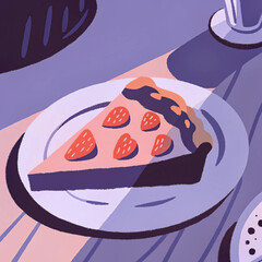 Vector illustration of a delicious strawberry pie on a white plate in purple tones