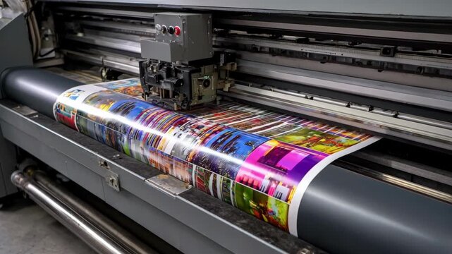 Medium frame capturing the printing of colorful window stickers on transparent vinyl showing detailed graphics and machine operation.