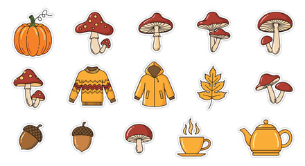 A cute collection of autumn-themed sticker illustrations with white borders, including pumpkins, mushrooms, cozy sweaters, and a cup of hot tea.