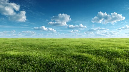 Expansive grassy field under a bright blue sky with scattered puffy white clouds
