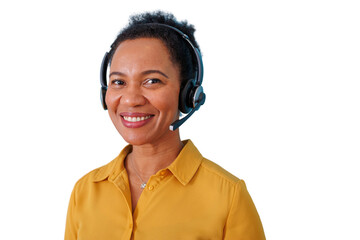 Friendly customer service representative wearing a headset, happy to help and support clients, offering call center assistance