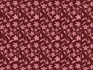 Seamless Hand Drawn Pink Floral Pattern on Burgundy Background