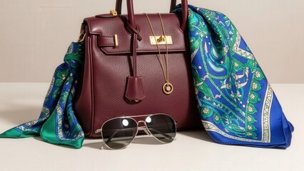 Luxury Leather Handbag with Sunglasses and Scarf.