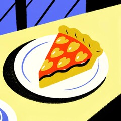 Vector illustration of a delicious strawberry pie on a white plate on a yellow table