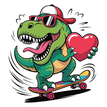 A super cool cartoon T-Rex dinosaur roaring with its mouth wide open. The dinosaur is skateboarding and holding a red heart in its hands.
