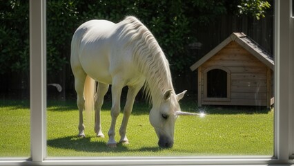 White Horse Grazing in Green Field.