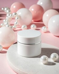 Mockup of a white cream jar on an elegant pink background with pearl balls 