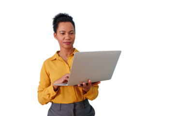Black businesswoman working on laptop, typing on keyboard, managing remote business, or communicating online