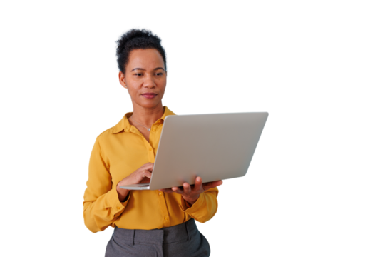 Black businesswoman working on laptop, typing on keyboard, managing remote business, or communicating online - Powered by Adobe