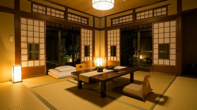 Serene Traditional Japanese Tatami Room with Warm Lighting and Shoji Screens