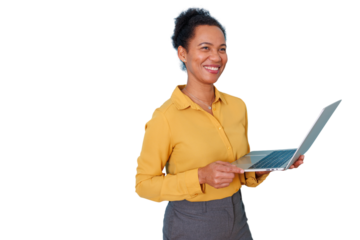 Professional woman smiling, using laptop for business communication and digital work on transparent background