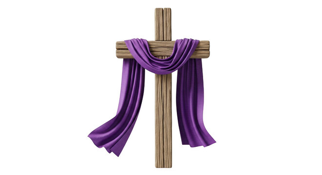 Rustic wooden cross draped with flowing purple fabric on black background religious symbol christianity