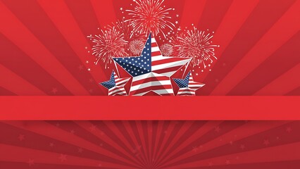 Patriotic american stars and vibrant fireworks display against a bold red ray burst background