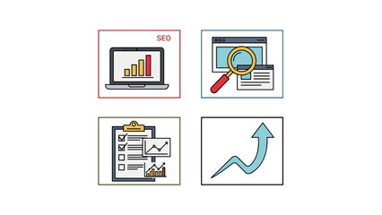 Data analysis icons displayed on digital devices and documents with upward trend