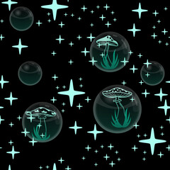 Mushrooms in glass balls on a background of stars, seamless vector pattern