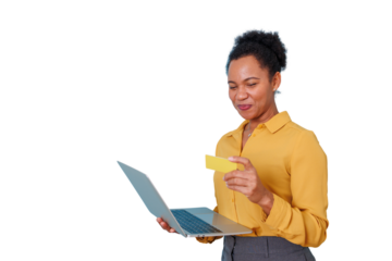 Black woman using a laptop and credit card for online shopping, making a secure e-commerce payment on transparent background