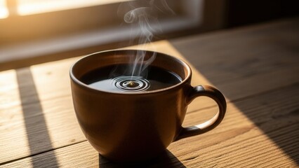 Steaming Coffee in Ceramic Mug.