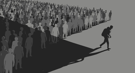 Lone Man Walking Through Crowd