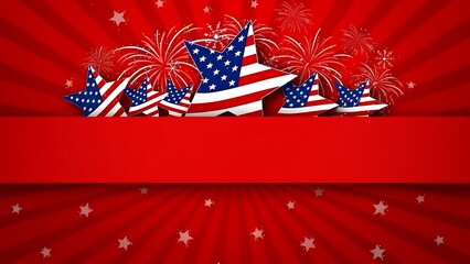 A vibrant patriotic display with american flags and fireworks bursts against a red backdrop